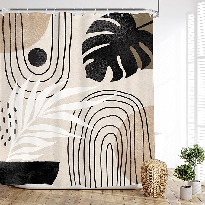 Glawry Boho Black Brown Beige Shower Curtain Extra Long Modern Mid Century Abstract Tropical Leaf Bathroom Minimalist Geometric Arch 72Wx84L Inches Bath Accessories Art Home Decor Fabric 12 Pack Hooks