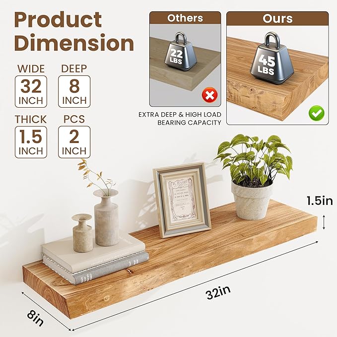 Floating Shelves, 8" Deep Rustic Solid Wood Wall Mounted Floating Shelves, Wall Shelves with Invisible Bracket for Living Room Bathroom Bedroom Kitchen, 32 Inch Set of 2, Natural