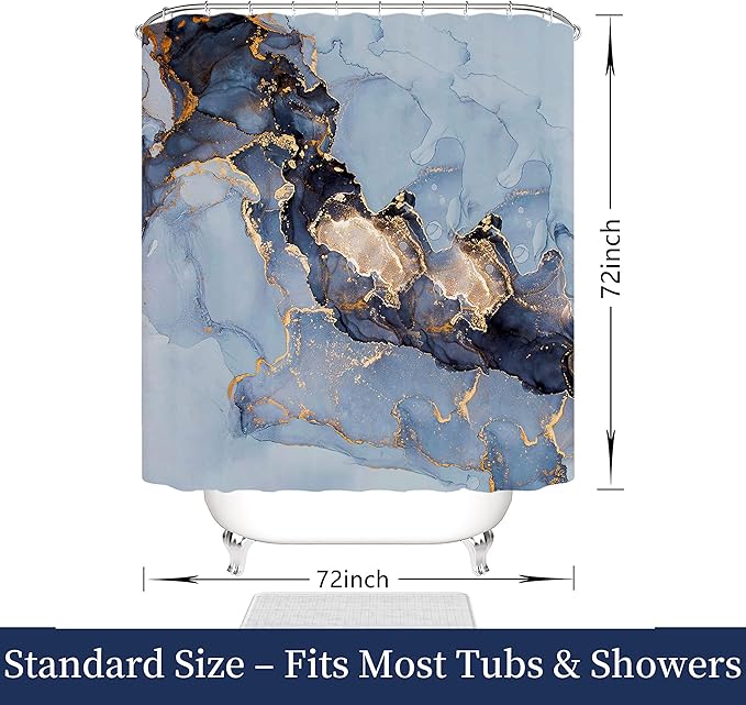 Domoku Blue Marble Waterproof Shower Curtain 72 x 72 Inches with Hooks, Machine Washable Easy-Care Fabric Bathroom Curtain for Tub or Shower