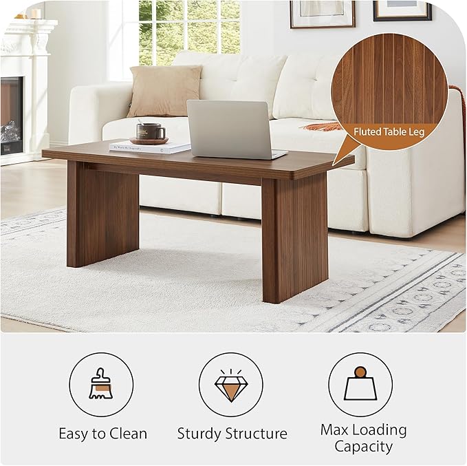 AVZEAR 43Inch Fluted Wooden Coffee Table for Living Room, Mid Century Modern Coffee Table with Sturdy Fluted Legs & Rounded Corner, Curved Rectangle Center Table for Home, Office, Cafe, Walnut