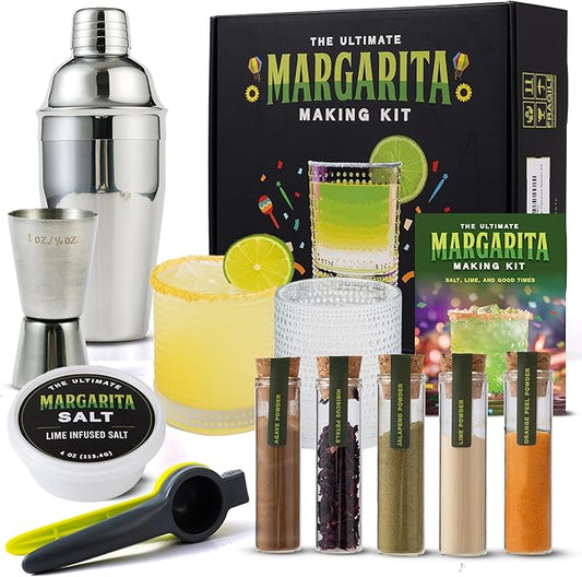 Margarita Kit Gift Set - 5 Botanicals - 2 Glasses - Stainless Steel Shaker & Jigger - Citrus Squeezer - Lime Infused Salt - Dried Lime - Recipe Book - Infusion Cocktail Kit - Basket Gift Set For Women