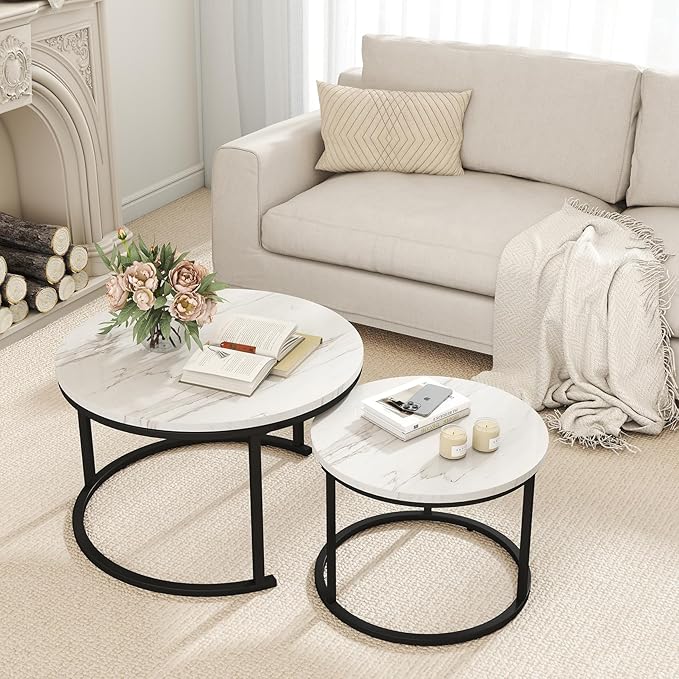 Round Nesting Coffee Table Set of 2, Black and White Faux Marble Top & Steel Frame, Modern Side End Tables for Living Room, Space Saving Accent Cocktail Table