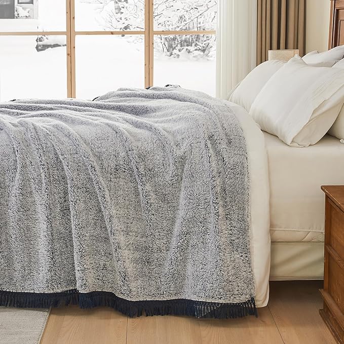 EMME Soft Sherpa Fleece Blanket with Tassel, Reversible Plush Fluffy Large Blanket, Light Weight Warm Decorative Boho Blanket Cover for Sofa, Couch, Bedroom,Travel(Tassel Navy,108"x90")