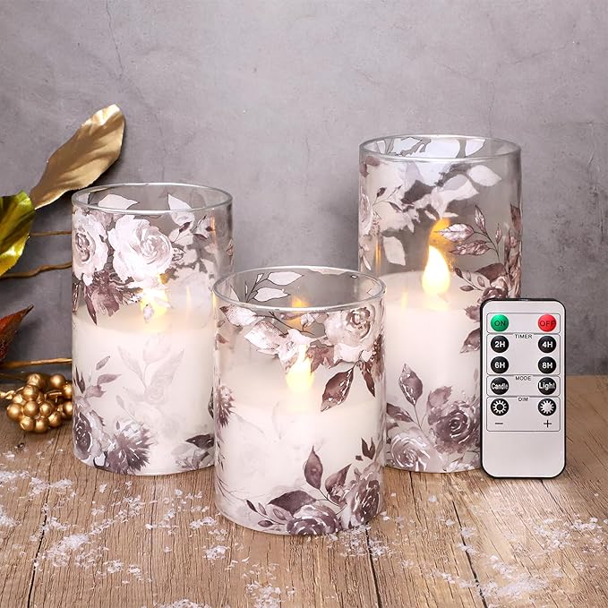 Black Rose Flameless Candles with Remote & Timer - Romantic Theme 2AA Battery Operated Candles - Home Christmas Farmhouse Summer Decorations - Set of 3 (D3 X H4 5" 6")