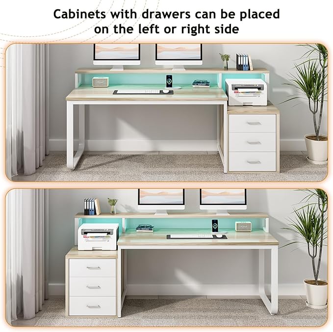 HOMBCK 67" Computer Desk with 3 Drawers, Home Office Desk with Long Monitor Stand and Printer Space, Office Desk with Storage & LED Lights, Writing Desk with Drawers, Walnut and White