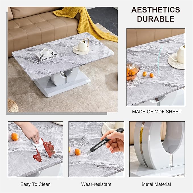 LKTART Rectangle Coffee Table for Living Room, Imitation Marble Coffee Tables with Storage, Modern Stable Base Accent Center Tea Table for Dining Room Small Space Apartment (43.3''L×22.4''W-Grey)