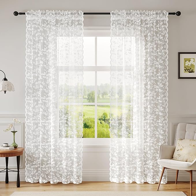 96-Inch White Lace Sheer Curtains – Vintage Leaf Pattern Lace for Bedroom/Living Room, Light Filtering Rod Pocket Drapes, Privacy Chic Window Treatments, 52W x 96L Inch, 2-Panel Set