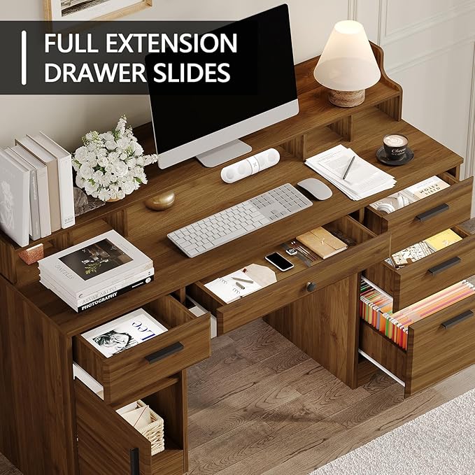 58 Inch Executive Desk with File Drawers, Computer Desk with Storage, Home Office Desk with Storage Cabinet for Bedroom, Rustic Brown