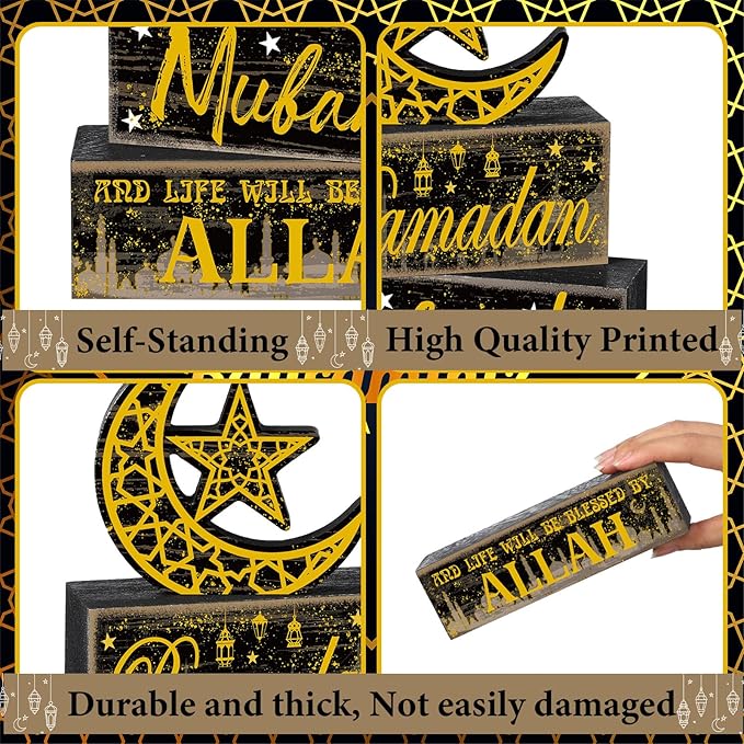 4 Pcs Ramadan Mubarak Table Decor Wooden Eid Mubarak Tabletop Signs for Home Black and Gold Muslim Islam Ramadan Mubarak Centerpiece for Islamic Gifts Kareem Home Table Decor