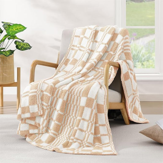 WRENSONGE Checkered Throw Blanket, Toast Almond Soft Cozy Fluffy Warm Hand Made Throw Blankets for Couch, Sofa, Chair, Bed, Camping, Picnic, Travel Lightweight Bed Blanket - 50"*60"