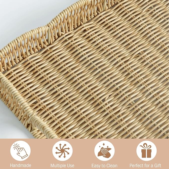 Serving Tray with Scalloped Edge, Rectangular Wicker Tray with Handles, Ideal for Breakfast or Meals in Bed and on Sofa, Decorative Coffee Table Tray to Enhance Dining (Coffee Brown)