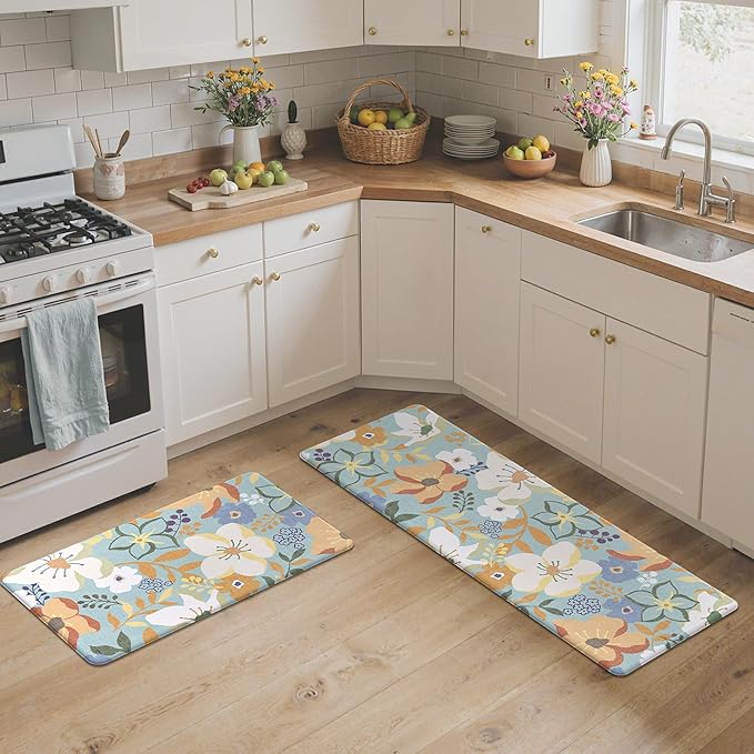 GENIMO Kitchen Mats for Floor 2PCS, Cushioned Kitchen Rugs Non Slip Washable, Farmhouse Anti Fatigue Mat Waterproof, Comfort Standing Mat Rug for Office, Home, Laundry, 17.3"x47"+17.3"x30", Aqua