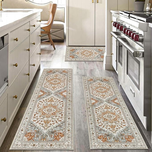 Yamaziot Boho Washable Kitchen Rugs Sets of 3, Non Slip Kitchen Mats for Floor with Rubber Backing, Waterproof & Stain Resistant Thick Carpet Runner Throw Rug for Kitchen, Laundry Room, Hallway