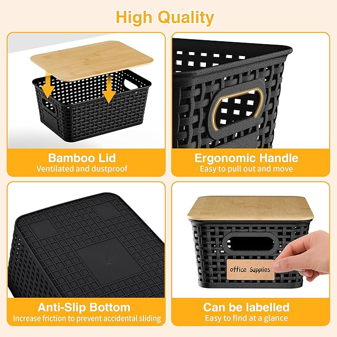 6 Pieces Black Plastic Storage Baskets with Bamboo Lids with Labels Stackable Storage Containers for Organizing Shelves Drawers Desktop Closets Playroom Classroom Office