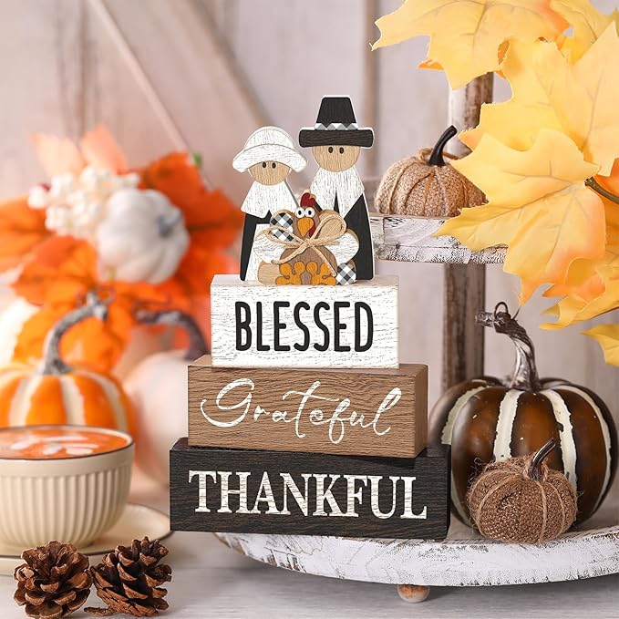 4 Pcs Thanksgiving Table Decor for Home Pilgrim Couple Wooden Signs with Blessed Thanksgiving Autumn Tiered Tray Decor Turkey Tabletop Centerpiece Grateful Block Signs for Office Kitchen Shelf