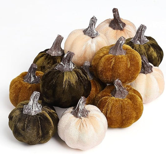 12pcs Velvet Fake Pumpkins Fall Decor Faux Small Foam Fabric Pumpkin for Autumn Table Centerpiece Party Farmhouse Harvest Thanksgiving (Cream/Lime Green/Forest Green)