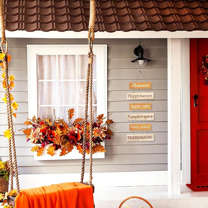 Hotop Fall Decorations for Home Thanksgiving Hanging Signs Wooden Wall Plaque Autumn Wall Hanging Decor for Home Thanksgiving Autumn Office Indoor Outdoor Door Decor Sign (Retro Color)