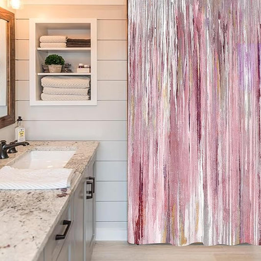 JAWO Small Stall Shower Curtain 36x72 Half Size - Pink Abstract Waterproof Fabric Shower Curtains for Bathroom, Cute Modern Aesthetic Abstract Strip RV Camper Narrow Bath Curtain with Hooks