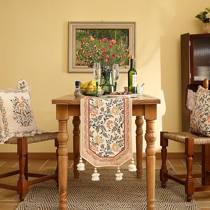 ISAENNE Designer French Elegant Linen Table Runner 102 Inches Long,Farmhouse Lily Pattern Decor Table Runners for Dining Tables,Thanksgiving,Kitchen Tables,Christmas,12"*102"-Aurora A