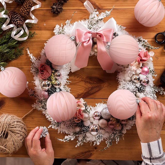 4 Pcs 4 Inch Large Velvet Christmas Ball Ornaments Vintage Christmas Plastic Ball Ornaments Flocked Tree Hanging Decoration for Xmas Party Wedding Home Decor(Pink)