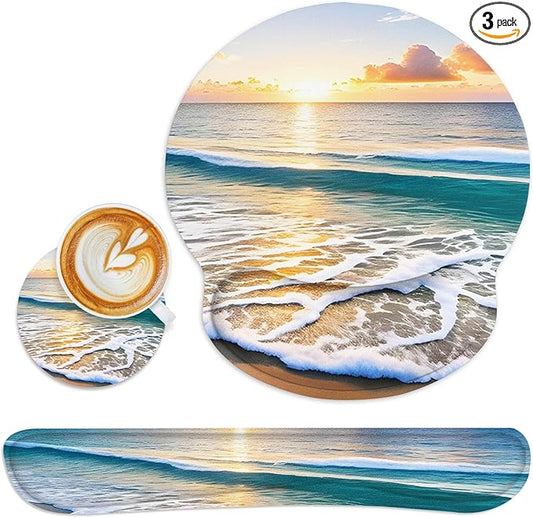 Britimes Summer Beach Sun Mouse Pad 3pcs Set with Wrist Support Non-Slip Rubber Base Ergonomic Pad,Sea Sunset Mouse Wrist Cushion Support and Coasters for Home Office Gaming Easy Typing & Pain Relief
