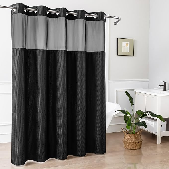 Mrs Awesome No Hook Shower Curtain with Snap-in Liner Less Time On/Off, Embossed Waffle-Look Textured Fabric Shower Curtain for Bathroom, Soft & Lightweight, 71x74, Black