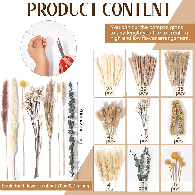 149 Pcs Dried Pampas Grass Decor Dining Table Centerpiece with 2 Pcs 6.3in Vase DIY Boho Decor Natural Dried Pampas Grass for Home Decor Birthday Party Thanksgiving Christmas Weddings Decor