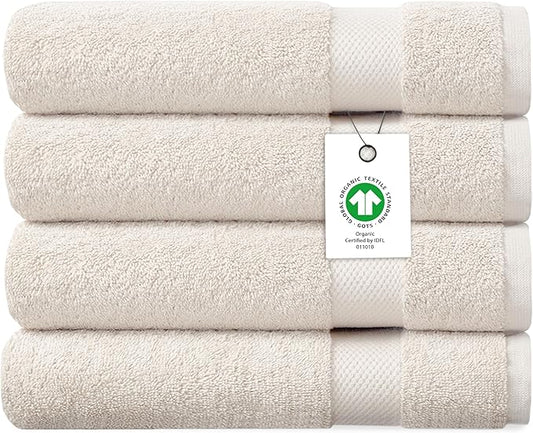 Delara Organic Cotton Luxuriously Plush Bath Towel Pack of 4 | GOTS & OEKO-TEX Certified | Premium Hotel Quality Towels | Feather Touch Technology|650 GSM Long Staple|Soft, Quick Dry & Ultra-Absorbent