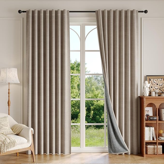 100% Blackout Curtains 84 Inch Length 2 Panels Set for Living Room/Bedroom, Back Tab Linen Textured Light Blocking Room Darkening Energy Saving Thermal Insulated Drapes (W52xL84, Brown)