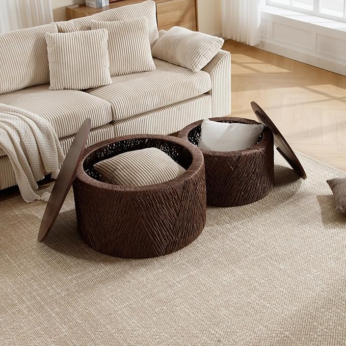 Round Nesting Coffee Table Set of 2, Dark Brown Wooden Circle Side Tables Rustic Woven Sofa Table for Small Space Living Room Bedroom Apartment No Assembly Required