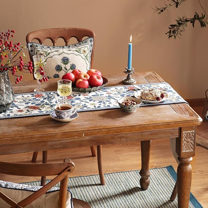 patdrea Designer Blue Cottage Rustic Floral Patterned Linen Table Runner 102 Inch Long,Wrinkle Resistant Table Mat,Decoration for Kitchen Dining and Coffee Tables Banquet Christmas ,12"x102"