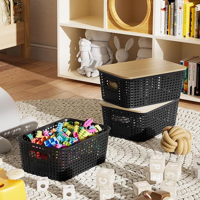 Small Storage Bins with Bamboo Lid, Plastic Storage Box with Lid, 5QT Stackable Organizing Basket with Lable, Storage Container for Classroom, Office, Closet, Shelf Organization, 10x7x4 In-Black-6 Pcs