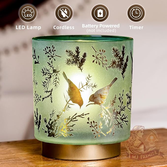 MJ PREMIER Cordless Table Lamp Timer, Big 7'' Battery Operated Lamp, Emergency Table Lamp for Area No Plug/Hurricane, Decorative Bird Lamp for Kitchen Counter/Entryway/Bathroom/Living Room/Gift