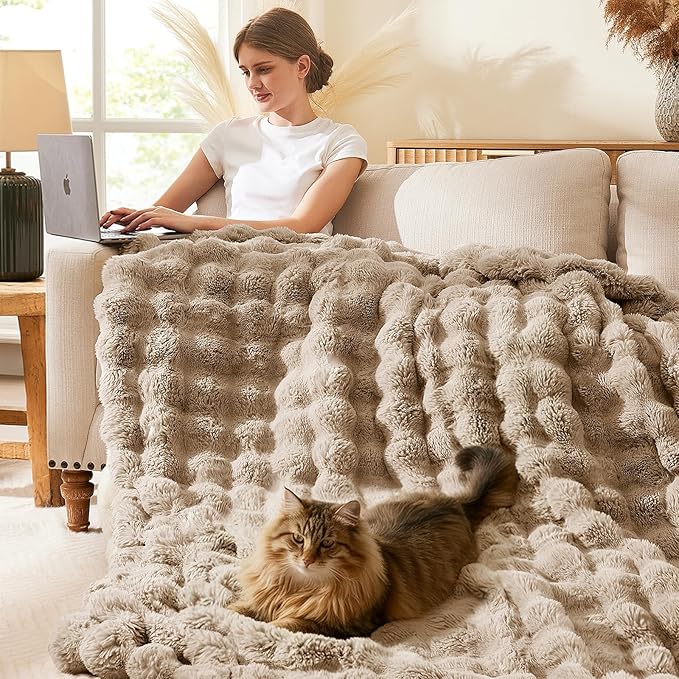 L'AGRATY Faux Fur Throw Blanket: 60" x 80" Luxury Soft Fluffy Rabbit Fur Blankets Twin for Couch Bed Sofa - Cozy Plush Bubble Blankets for Winter: Flannel Fleece Decorative Blanket(Light Linen)