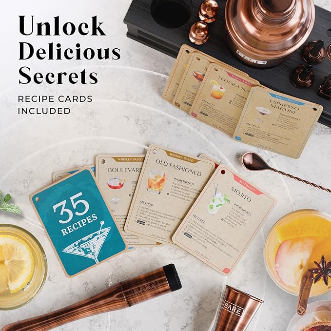 BARE BARREL® Mixology Bartender Kit Bar Set | 16-Piece Cocktail Shaker Set | Martini Barware Mixing Tools for Home Bartending | Incl. 35 Recipe Cards | Gift Set (24oz Cobbler Shaker, Copper/Black)