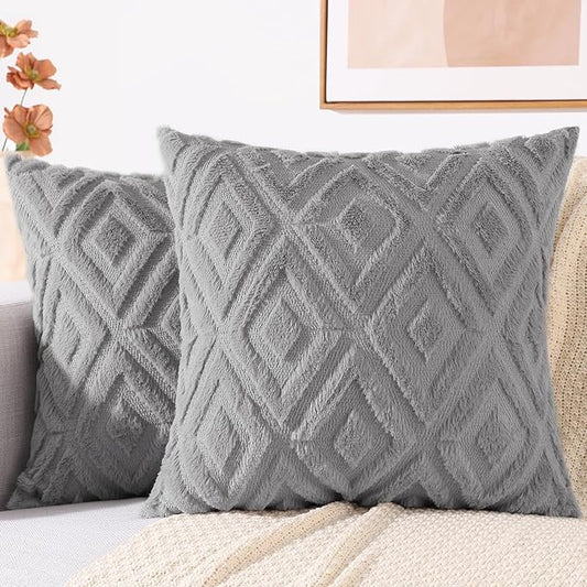 decorUhome Couch Throw Pillow Covers 16x16 Set of 2, Decorative Soft Plush Faux Wool Neutral Accent Pillow Covers for Bed Sofa Living Room, Grey