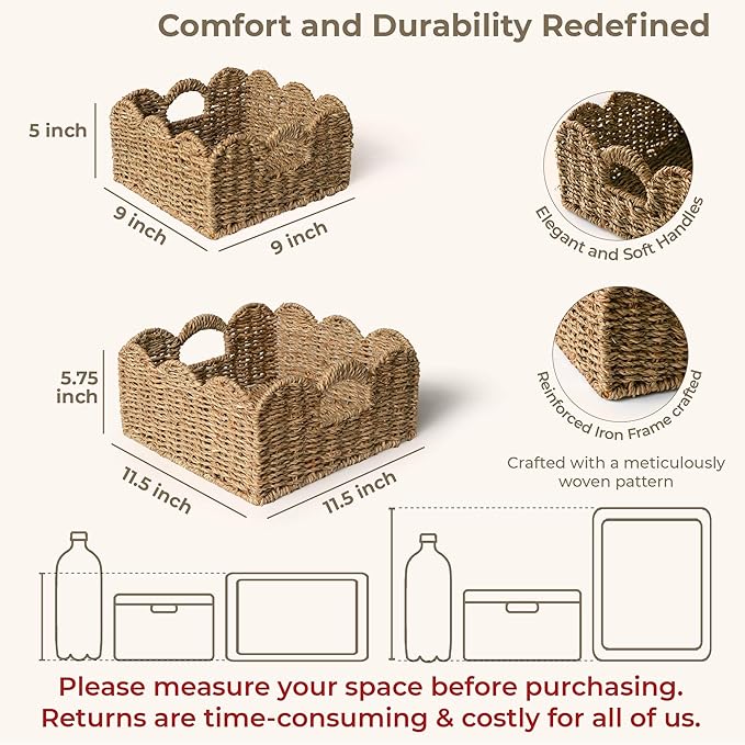 KOKODO Set of 2 Scalloped Wicker Baskets – Handwoven Sqaure Seagrass Storage Baskets with Handles for Organizing, Bathroom, Living Room & Shelf Décor – Decorative Rattan Organizing Bins