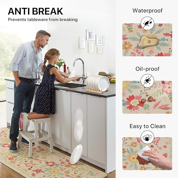 GENIMO Kitchen Mats for Floor 2PCS, Cushioned Kitchen Rugs Non Slip Washable, Farmhouse Anti Fatigue Mat Waterproof, Comfort Standing Mat Rug for Office, Home, Laundry, 17.3"x59"+17.3"x30", Beige