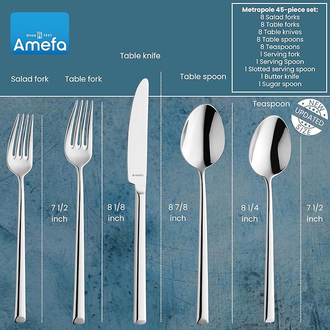Amefa 45-Piece Silverware Flatware Cutlery Set Service for 8, Durable 18/10 Stainless Steel High Gloss Mirror Finish, tableware in Ergonomic Design Size and Weight, Dishwasher Safe (Metropole)