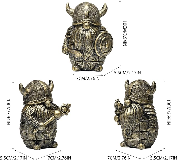 3PCS Viking Warrior Gnome Figurines Set-Viking Decor Home Ornament Mini Gnomes for Table,Shelves,Cabinet (Gold)