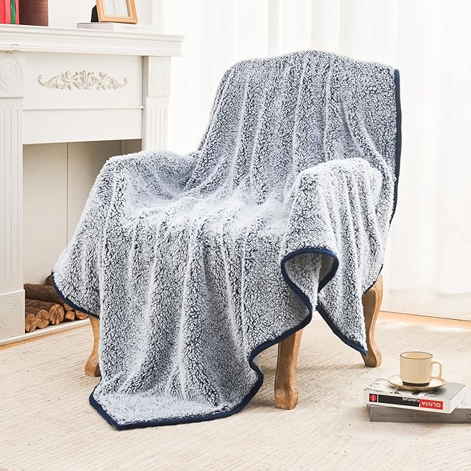 EMME Soft Sherpa Fleece Blanket Queen Size Reversible Plush Fluffy Large Blanket Warm Decorative Boho Cover for Sofa, Couch, Bedroom,Travel(Plush Navy,90"x90")