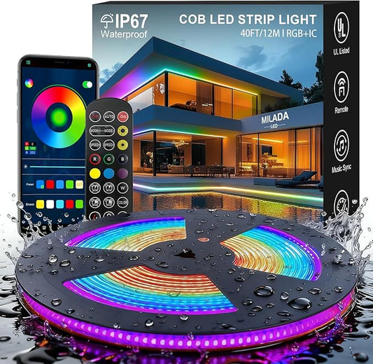 Outdoor LED Strip Lights RGB Smart IC IP67 COB LED Strip Light 40FT/12M Waterproof Led Strip Lights App & Remote Control Exterior RGB+IC Outdoor Lights for Patio, Eave, Patio Decorations