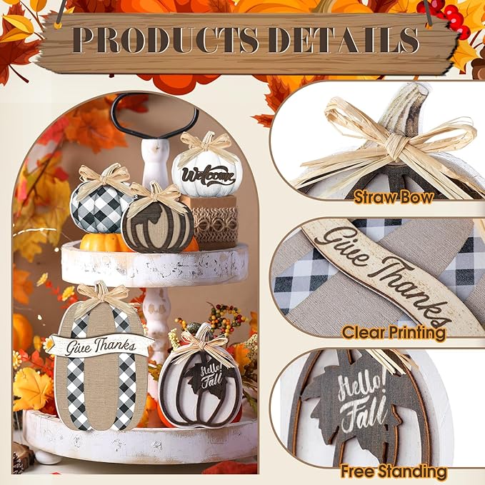 5 Pcs Fall Pumpkin Decor for Home Thanksgiving Plaid Wooden Table Centerpiece Decorations Fall Wooden Pumpkin Signs for Autumn Farmhouse Home Living Room Kitchen Mantle Tabletop Supplies