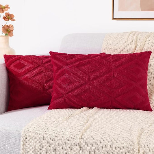 decorUhome Christmas Couch Throw Pillow Covers 12x20 Set of 2, Decorative Soft Plush Faux Wool Lumbar Neutral Accent Pillow Covers for Bed Sofa Living Room, Red