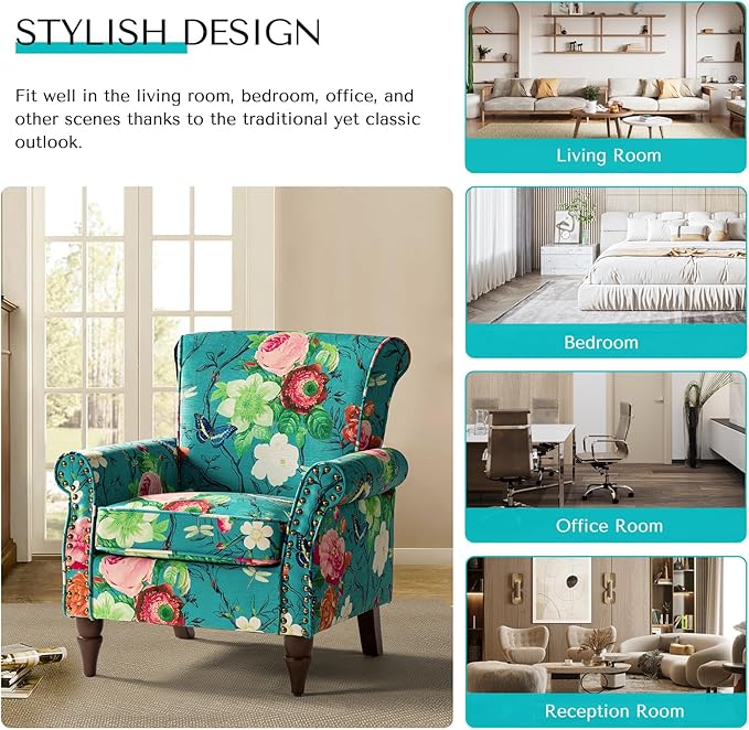 HULALA HOME Modern Wingback Accent Chair with Wood Legs & Removable Cushion, Comfy Upholstered Armchair with Nailhead Trim, Floral Pattern Single Sofa Chair for Living Room Bedroom, Blue