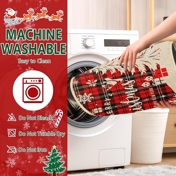 Christmas Red Buffalo Plaid Kitchen Rugs and Mats Non Skid Washable Set of 2, Tree Snowflake Xmas Kitchen Mats for Floor Decor