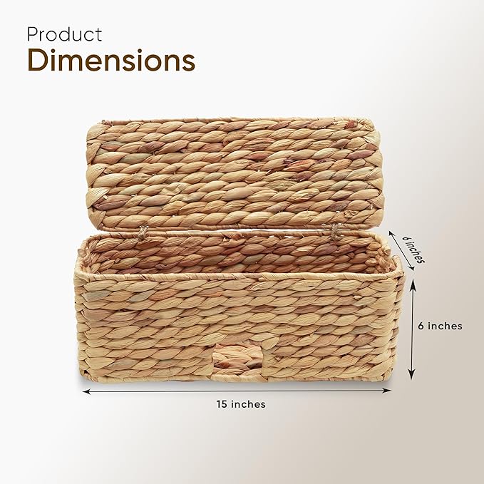 Cable Management Box, Water Hyacinth Organizer Box, Durable Rattan Cable Organizer, with 2 Open Slots for Home Office Desk Computer TV Wires USB Hub Power Strip, Handmade Rattan Cord Organizer Box