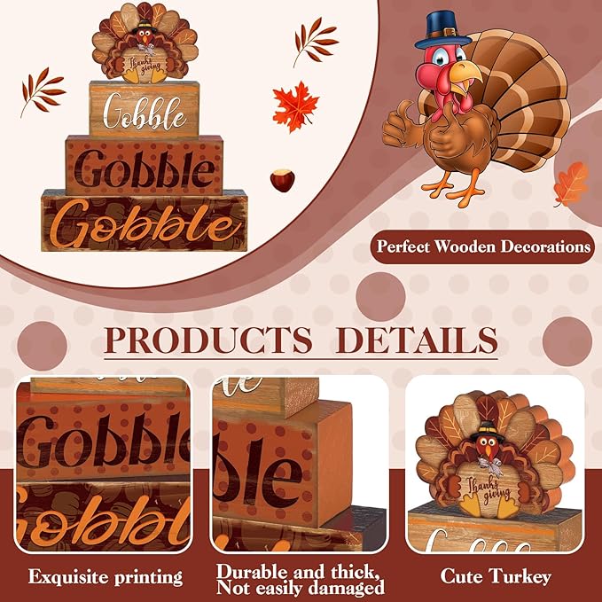 4 Pcs Thanksgiving Decor for Home Cute Turkey Wooden Signs with Sayings Thanksgiving Fall Tiered Tray Decor Turkey Tabletop Centerpiece Gobble Block Signs for Office Kitchen Shelf