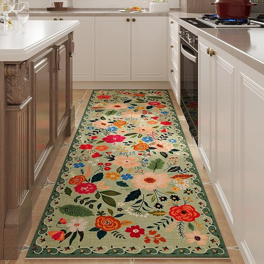 Rugcomf Runner Rug for Hallways Kitchen Rug Non Slip 2'6''x8' Washable Runner Rugs with Rubber Backing Soft Floral Carpet Runner for Hallways, Kitchen, Laundry, Bedroom, Bathroom(Green)