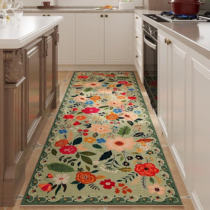 Rugcomf Runner Rug for Hallways Kitchen Rug Non Slip 2'x 6' Washable Rugs with Rubber Backing Soft Floral Carpet Runner for Hallways, Kitchen, Laundry, Bedroom, Bathroom(Green)